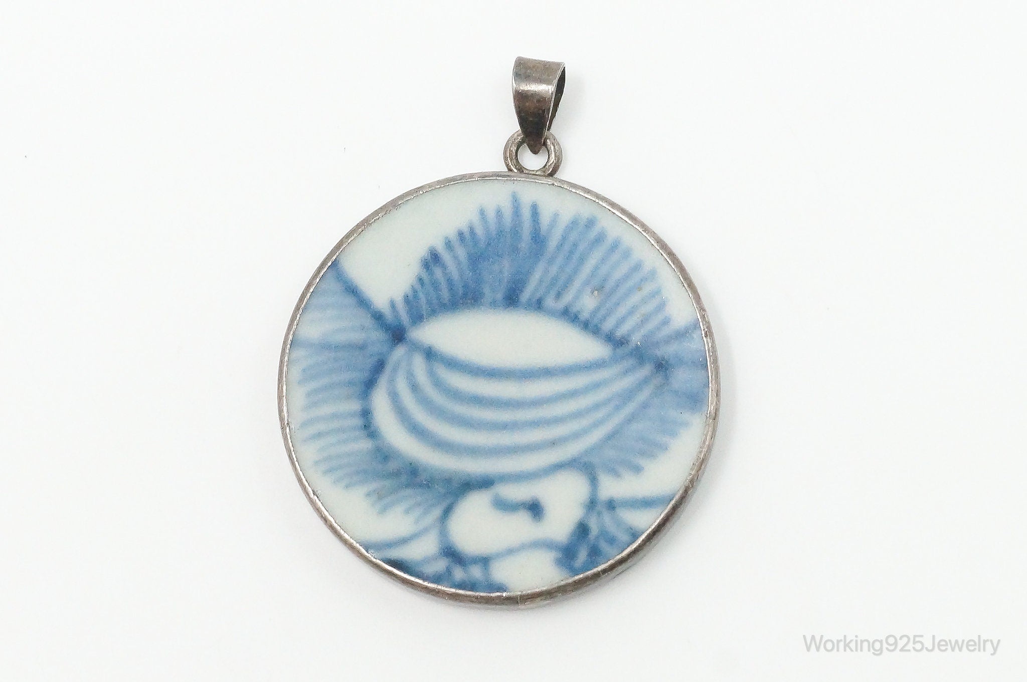 Vintage White Blue Ming Porcelain Sterling Silver Pendant | Jewelry > Necklaces > Pendants | Wiccan Center