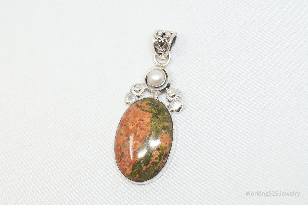 Vintage Large Green Orange Unakite Jasper Pearl Sterling Silver Necklace Pendant | Jewelry > Necklaces > Pendants | Wiccan Center