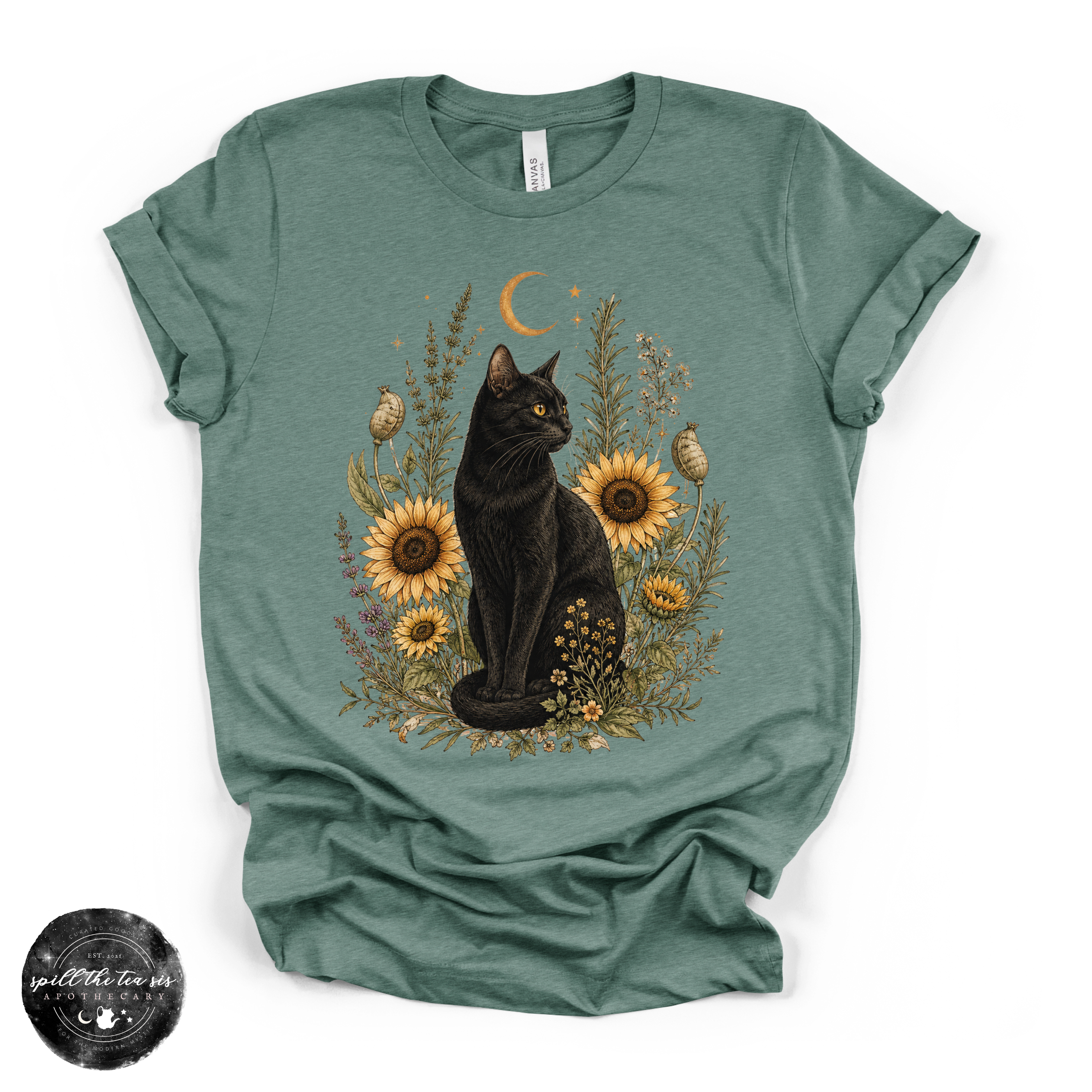 Sunflower Cat Tee | Floral Black Cat Graphic T-Shirt | | Wiccan Center