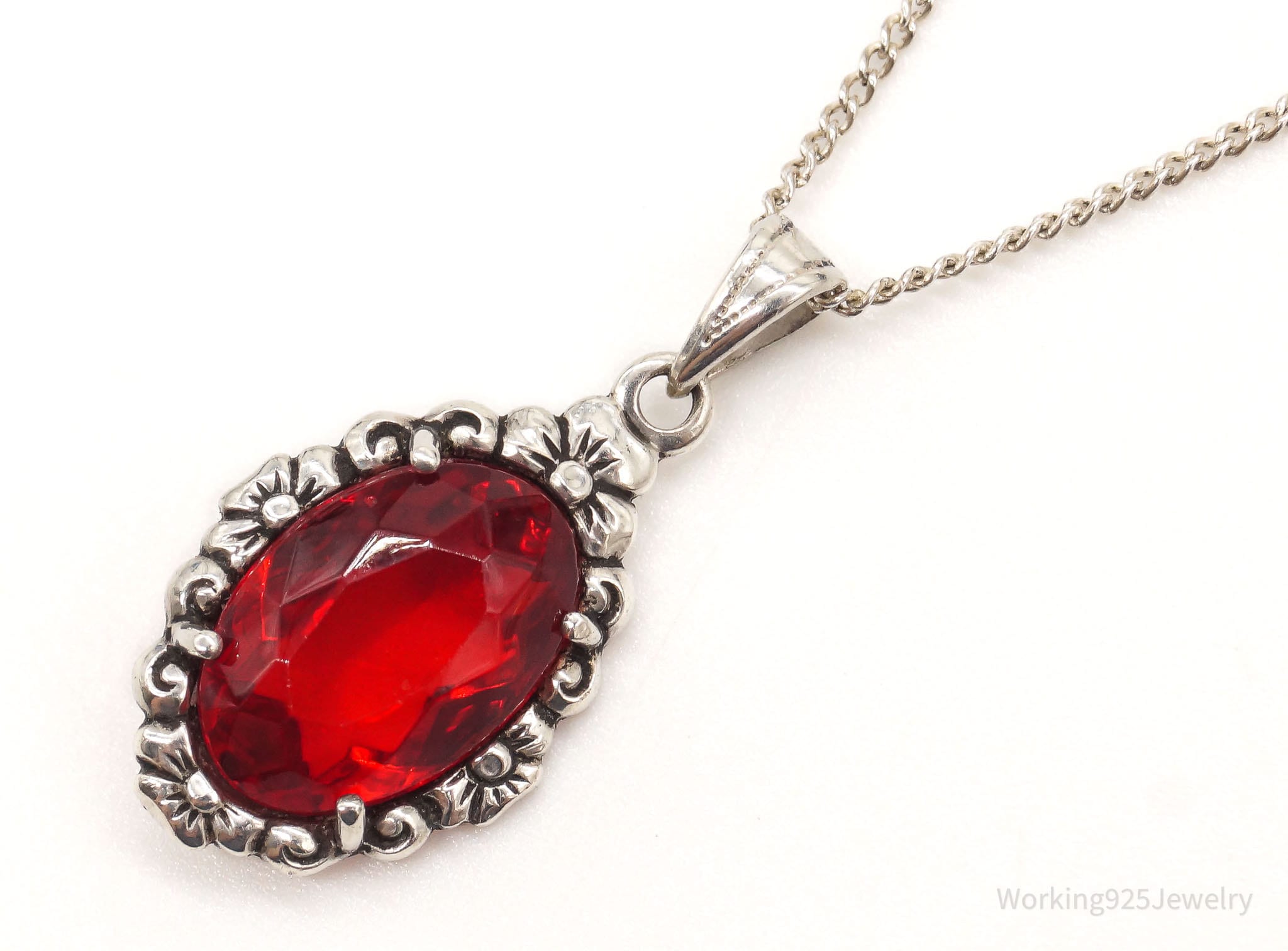 Antique Ruby Color Glass Floral Design 835 Silver Necklace | Jewelry > Necklaces > Pendants | Wiccan Center