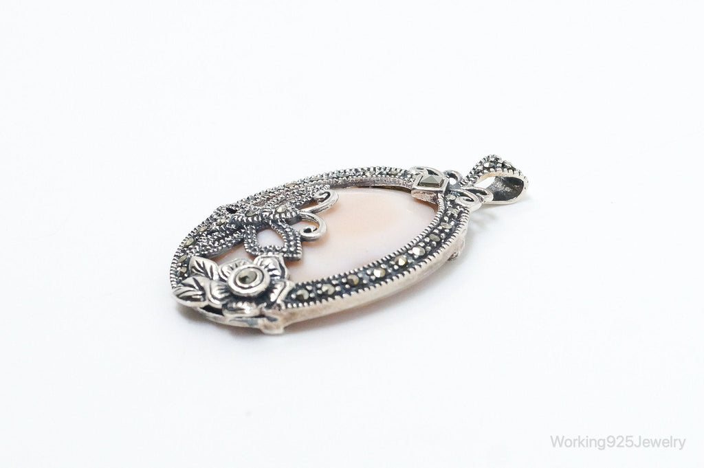 VTG Pink Mother of Pearl Marcasite Butterfly Flower Sterling Silver Pendant | Jewelry > Necklaces > Pendants | Wiccan Center
