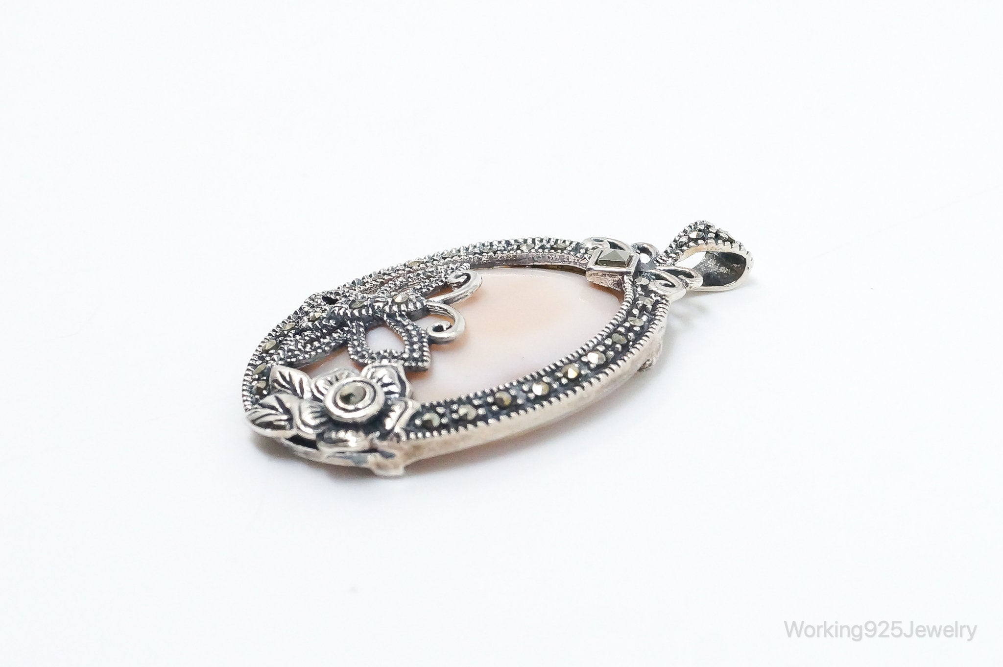 VTG Pink Mother of Pearl Marcasite Butterfly Flower Sterling Silver Pendant | Jewelry > Necklaces > Pendants | Wiccan Center