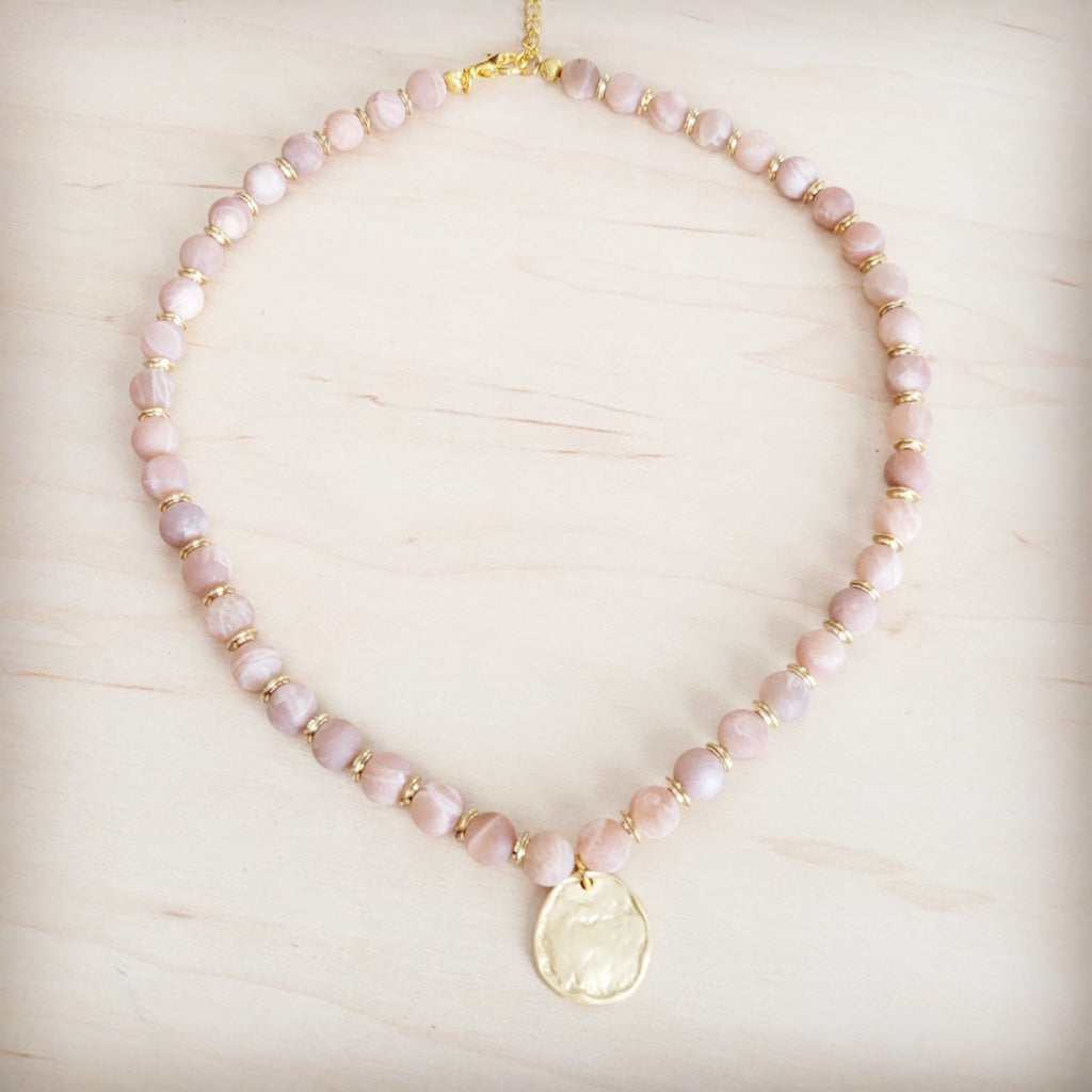 Frosted Sunstone Beaded Collar Necklace w/ Matte Gold Pendant 262n | Necklace | Wiccan Center