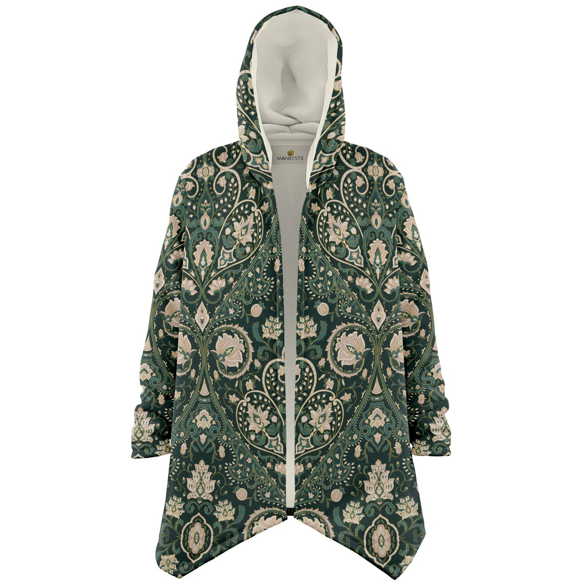 Green Persian Carpet Cuddle Cloak | Unisex Minky Sherpa Lined Coat with Hood, Zipper and Pockets | Women and Mens Festival Coat | Mountain Fashion | Microfleece Cloak - AOP | Wiccan Center