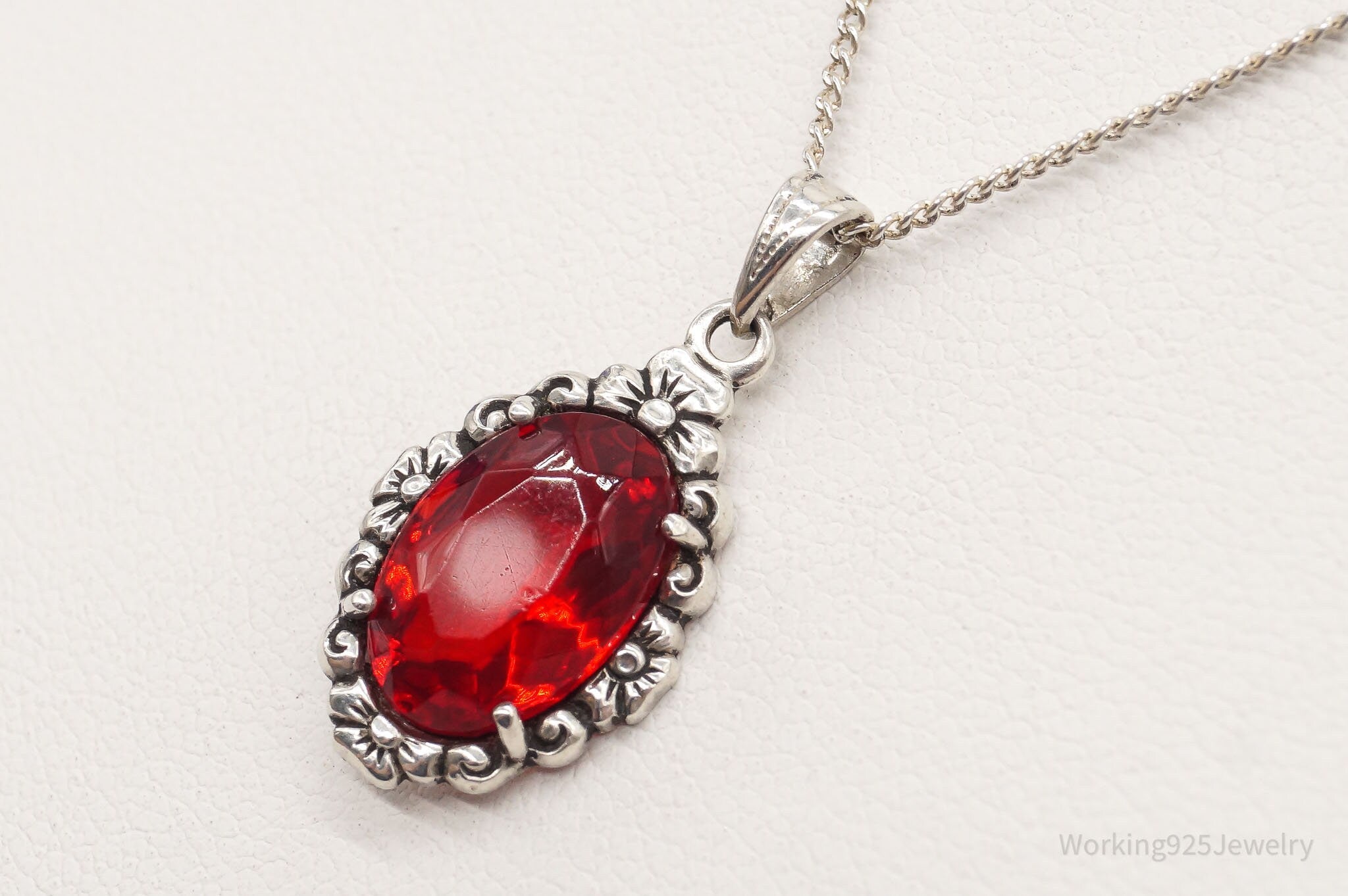 Antique Ruby Color Glass Floral Design 835 Silver Necklace | Jewelry > Necklaces > Pendants | Wiccan Center