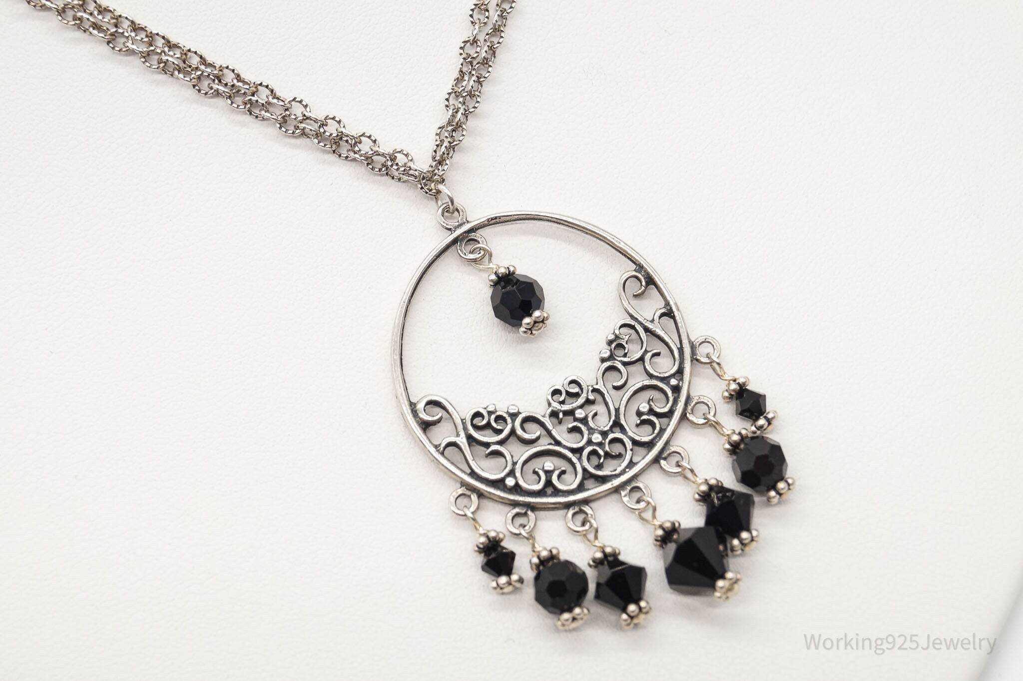Vintage Black Onyx Bead Chandelier Sterling Silver Necklace | Jewelry > Necklaces > Pendants | Wiccan Center