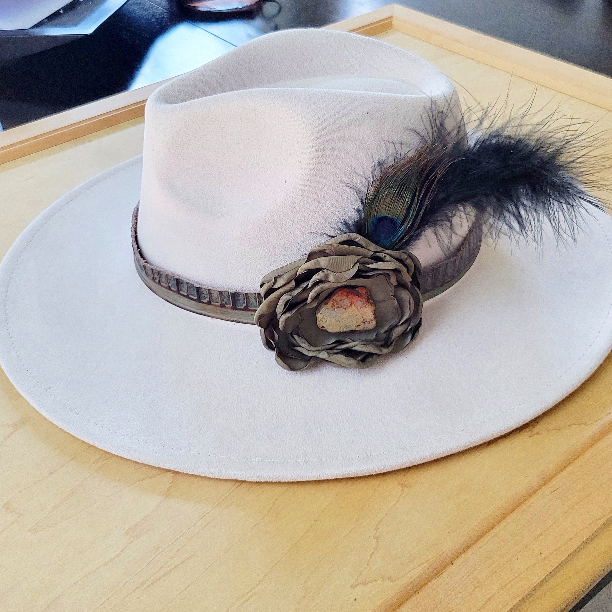 Leather Hat Band w/ Silk Flower & Feathers-Olive (Band Only) 952z