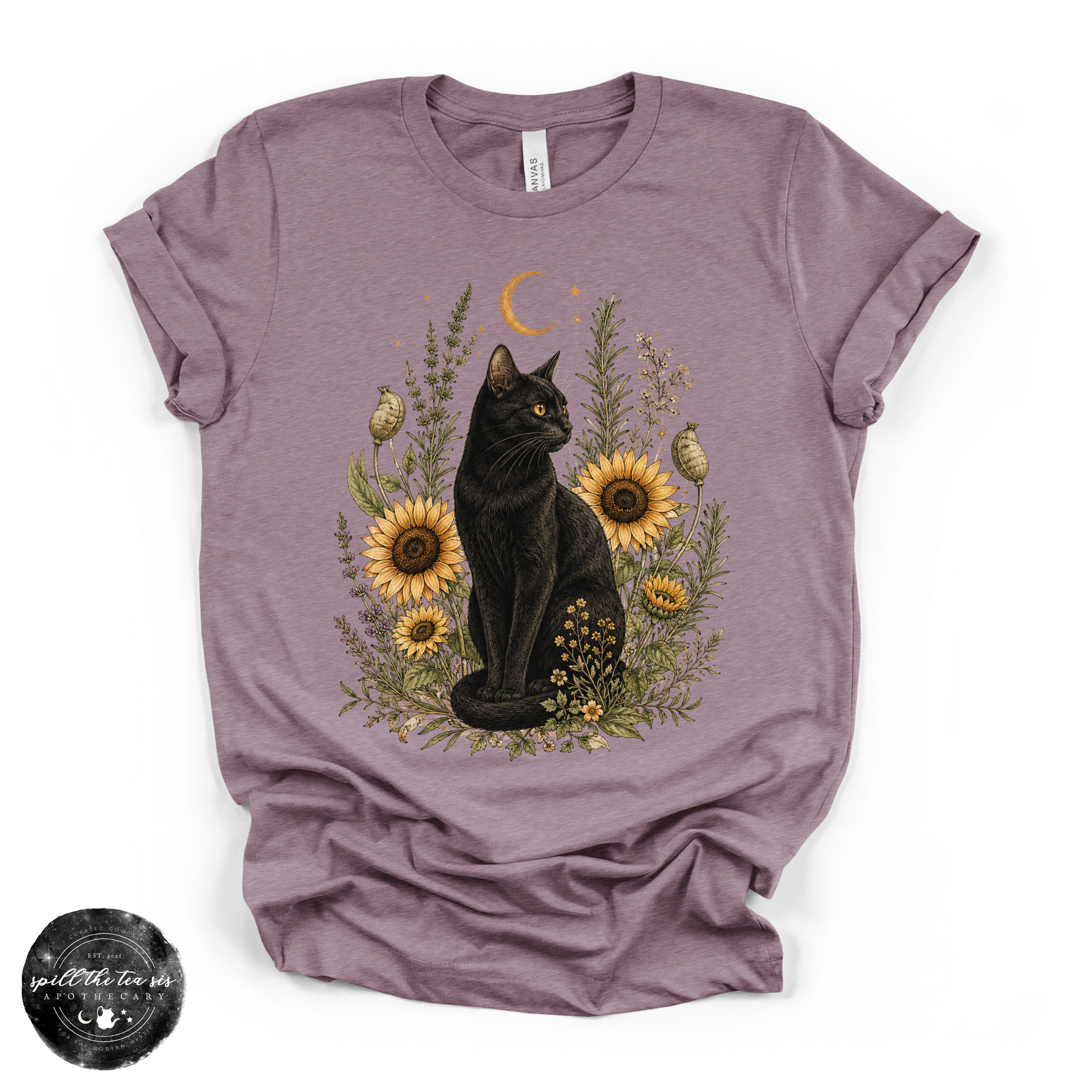 Sunflower Cat Tee | Floral Black Cat Graphic T-Shirt | | Wiccan Center