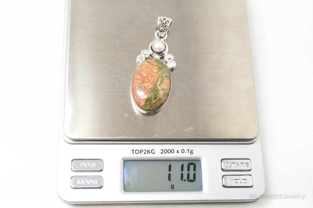 Vintage Large Green Orange Unakite Jasper Pearl Sterling Silver Necklace Pendant | Jewelry > Necklaces > Pendants | Wiccan Center