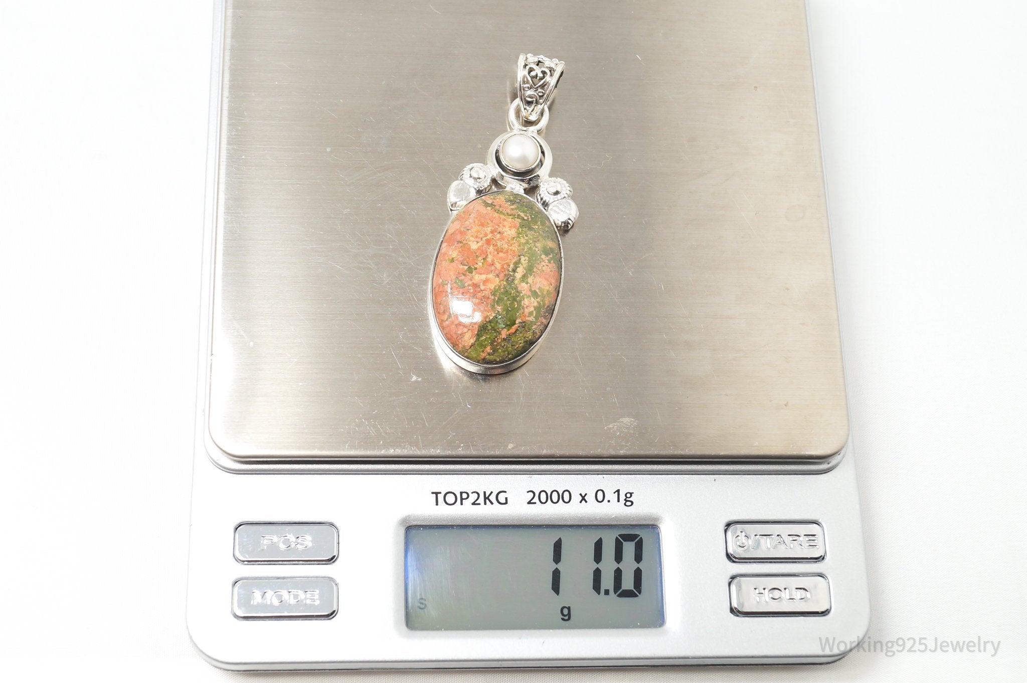 Vintage Large Green Orange Unakite Jasper Pearl Sterling Silver Necklace Pendant | Jewelry > Necklaces > Pendants | Wiccan Center