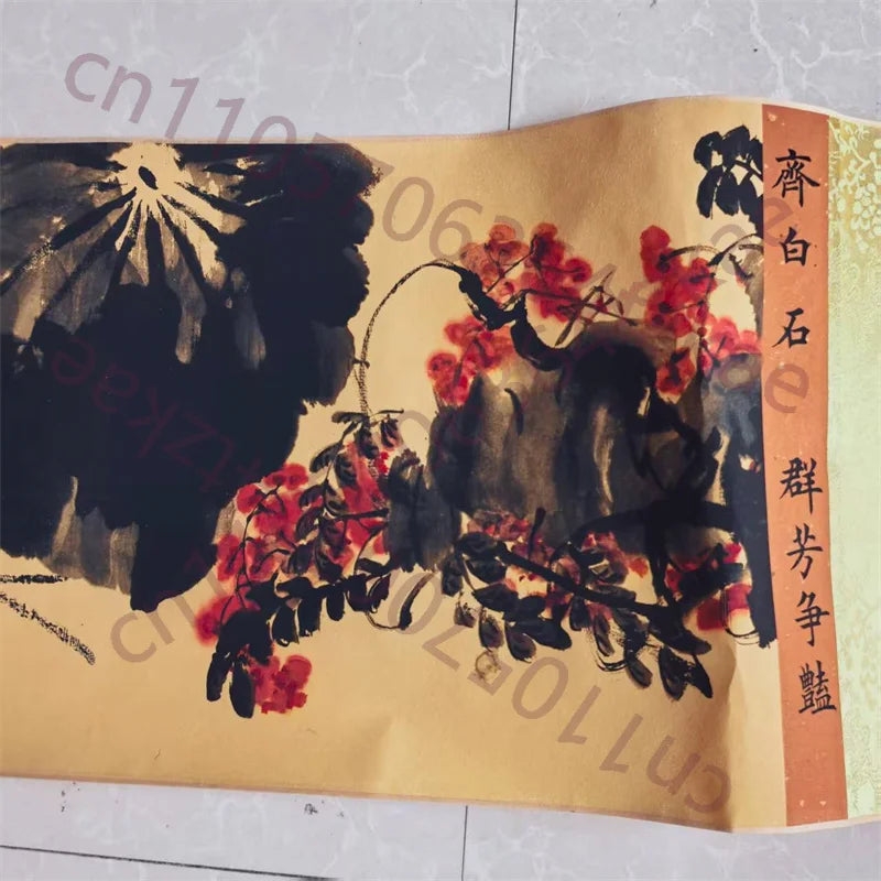 China Old long Scroll Painting,Qi Baishi's watercolor painting "Colorful Painting of the Competition of Flowers"