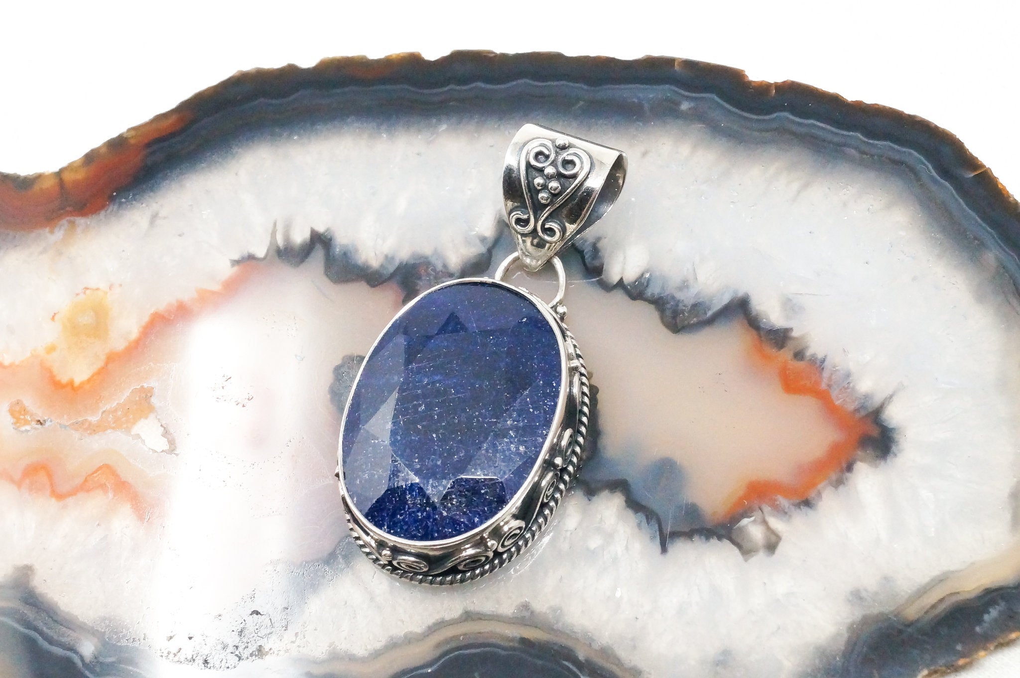 Vintage Designer BJC Lapis Lazuli Bali Scroll Sterling Silver Necklace Pendant | Jewelry > Necklaces > Pendants | Wiccan Center
