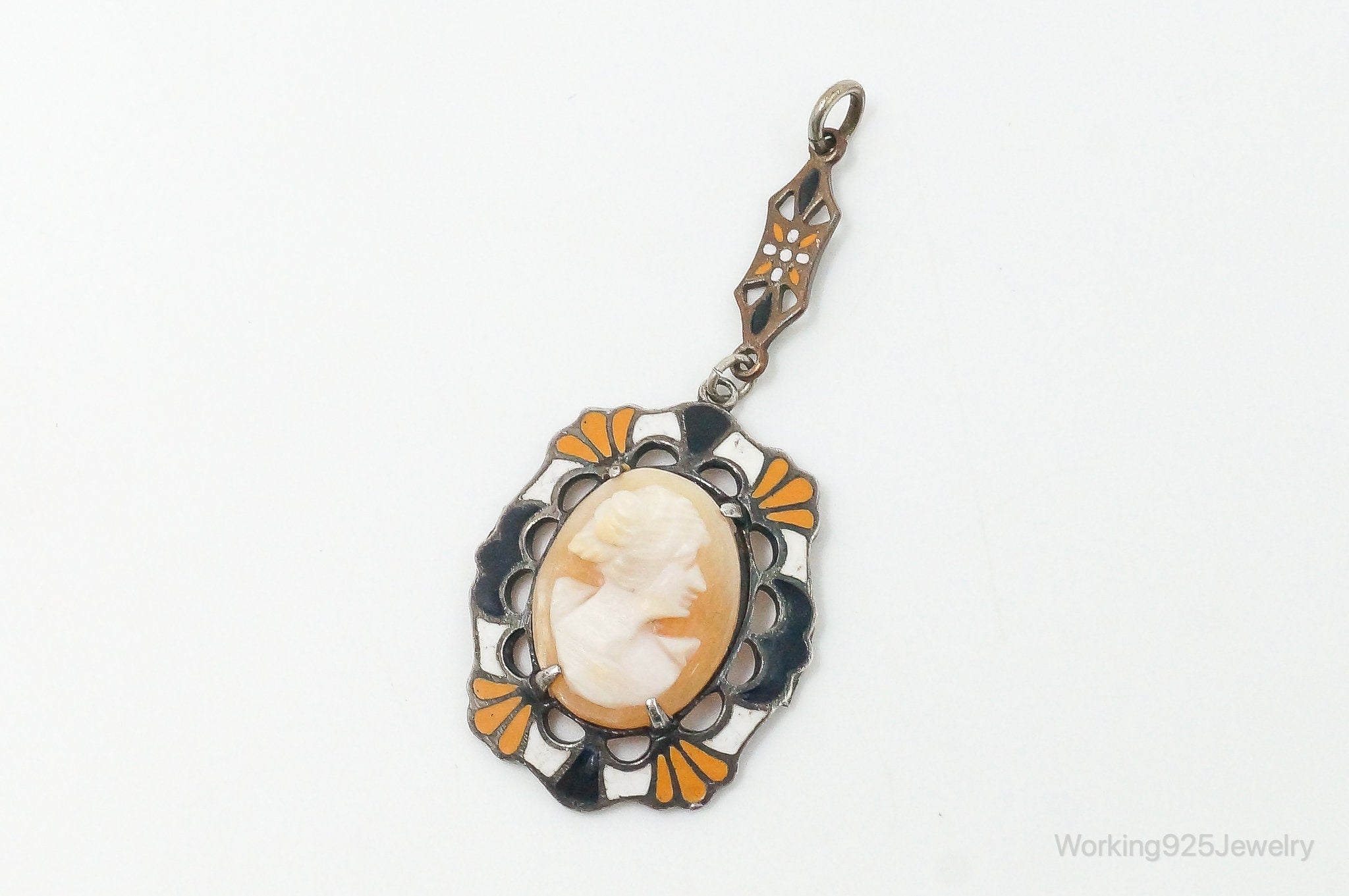 Antique Carved Woman Cameo Shell Enamel Sterling Silver Pendant | Jewelry > Necklaces > Pendants | Wiccan Center
