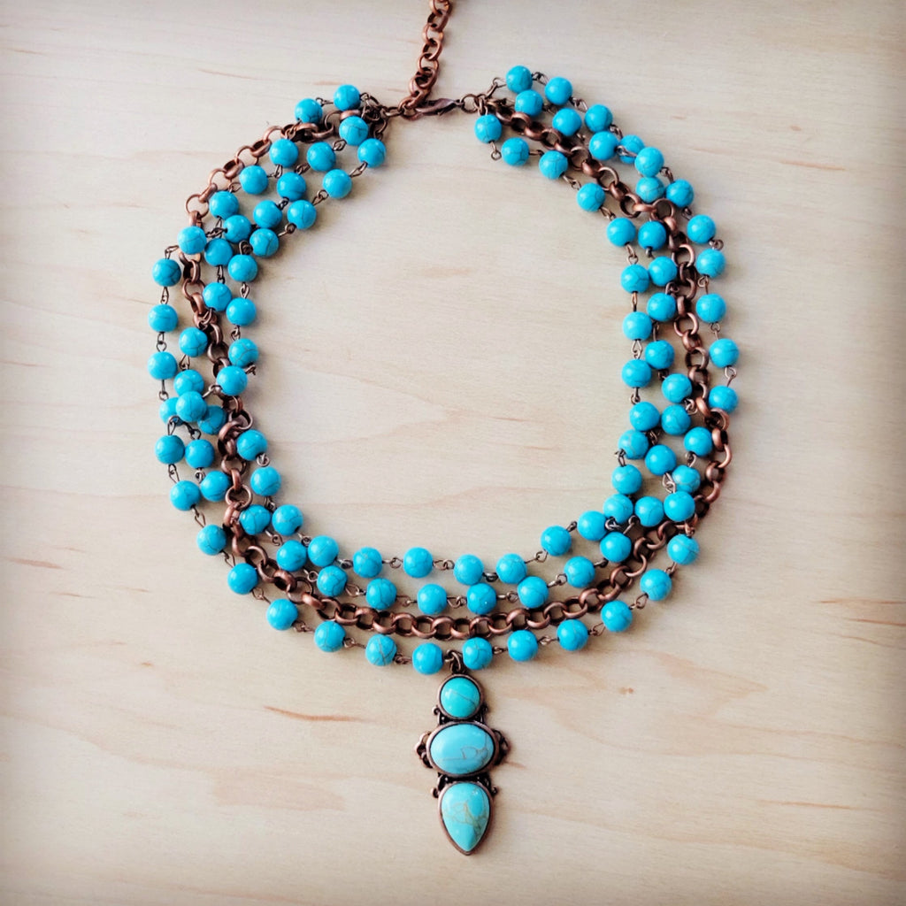 Triple Strand Turquoise & Copper Collar Necklace w/ Droplet Pendant 257lm | Necklace | Wiccan Center