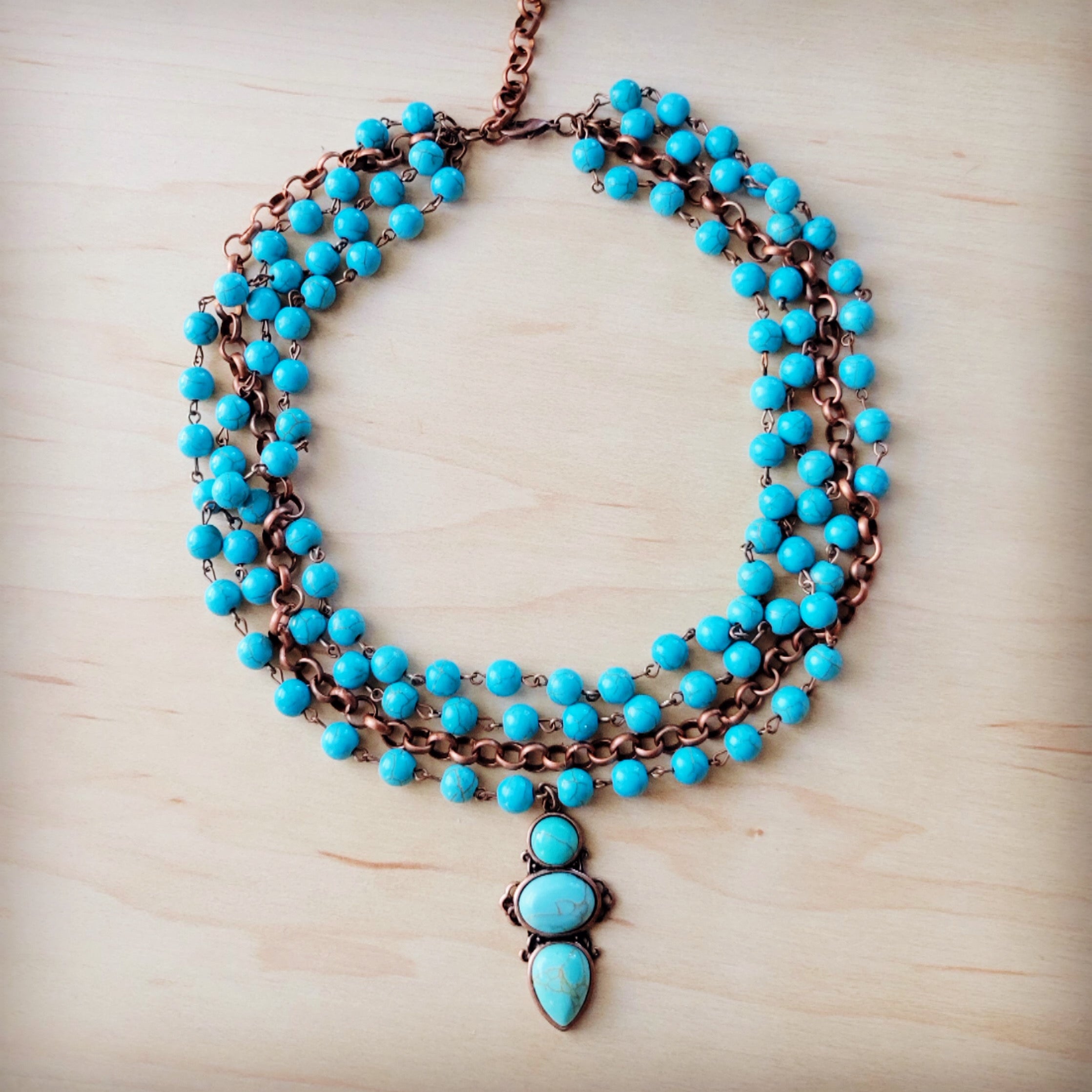 Triple Strand Turquoise & Copper Collar Necklace w/ Droplet Pendant 257lm | Necklace | Wiccan Center