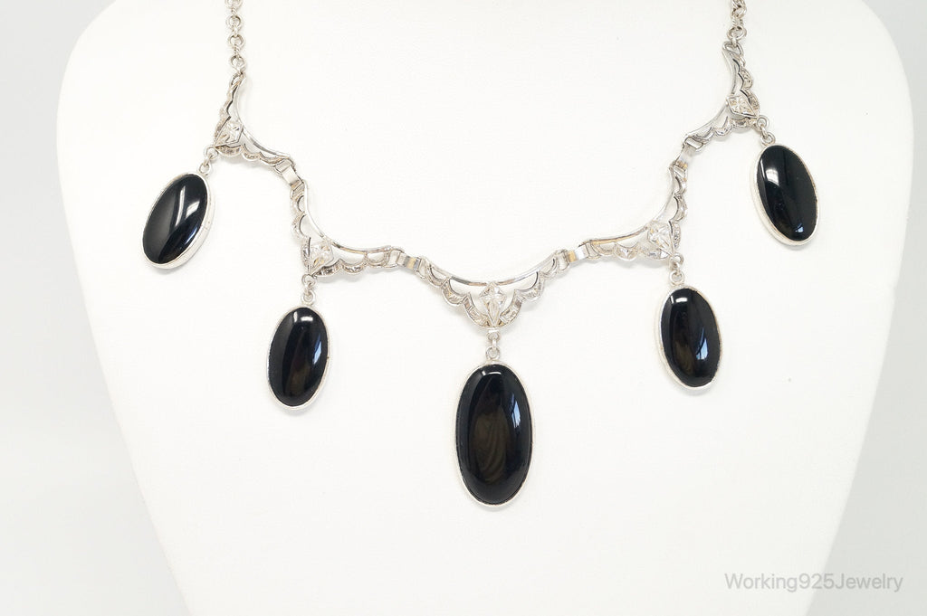 Antique Black Onyx Art Deco Silver Bib Necklace | Jewelry > Necklaces > Pendants | Wiccan Center