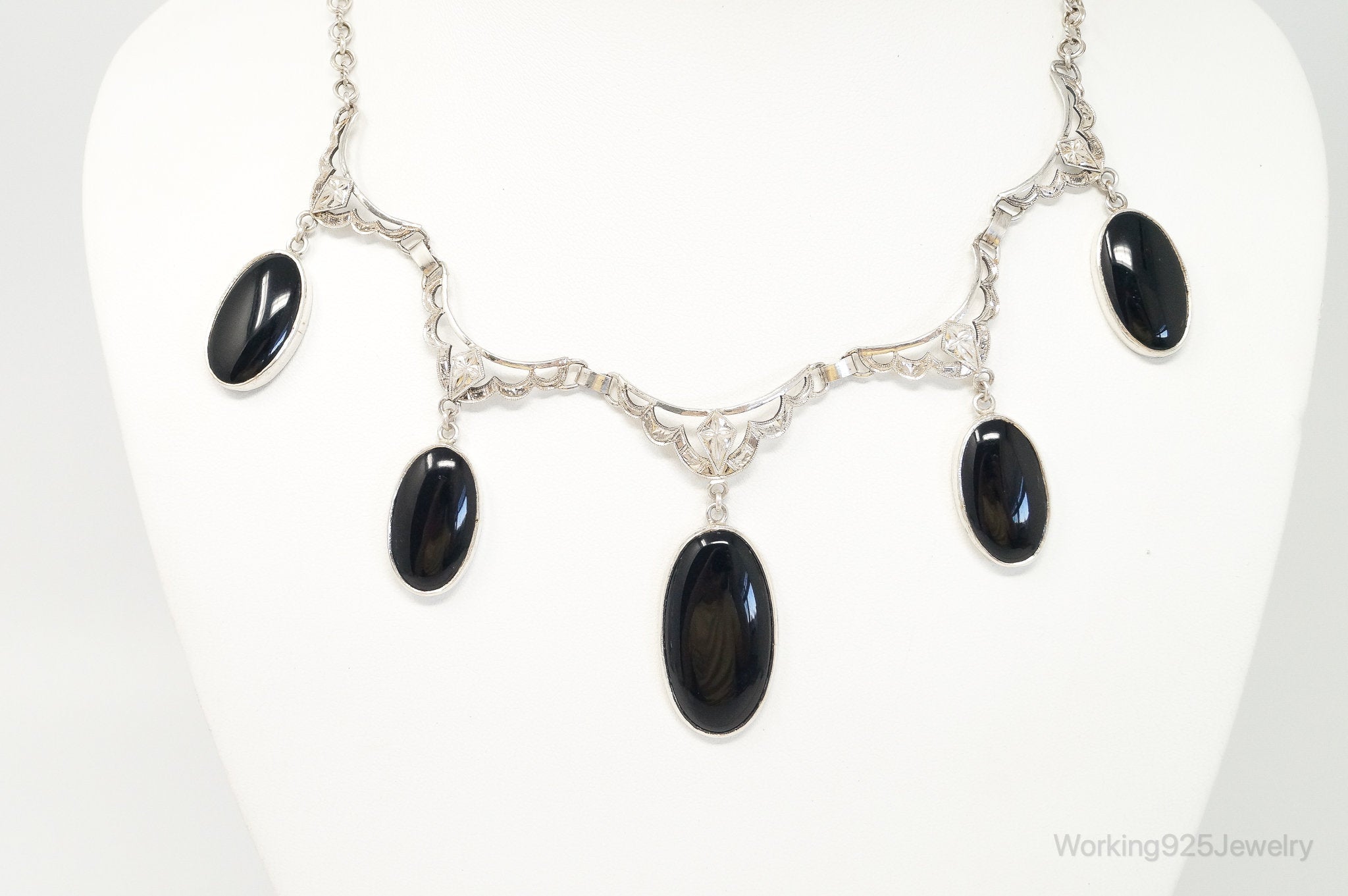 Antique Black Onyx Art Deco Silver Bib Necklace | Jewelry > Necklaces > Pendants | Wiccan Center
