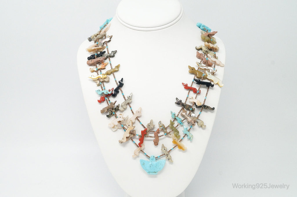 VTG Native America Fox Fetish Carved Multi Gem Sterling Silver Necklace | Jewelry > Necklaces > Pendants | Wiccan Center