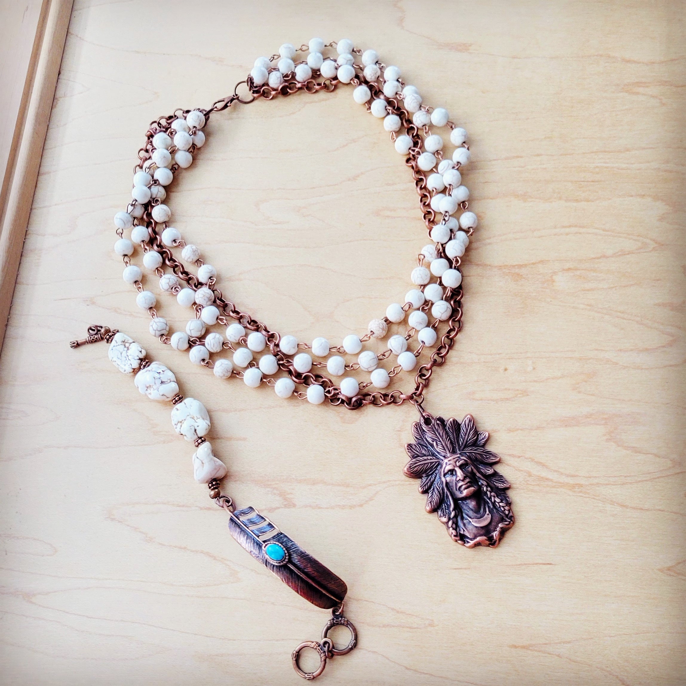 White Chunky Turquoise Beaded Bracelet on Copper Feather 810s | Bracelet | Wiccan Center