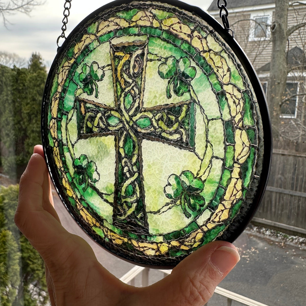 Irish Shamrock Celtic Cross Stained Glass Gift