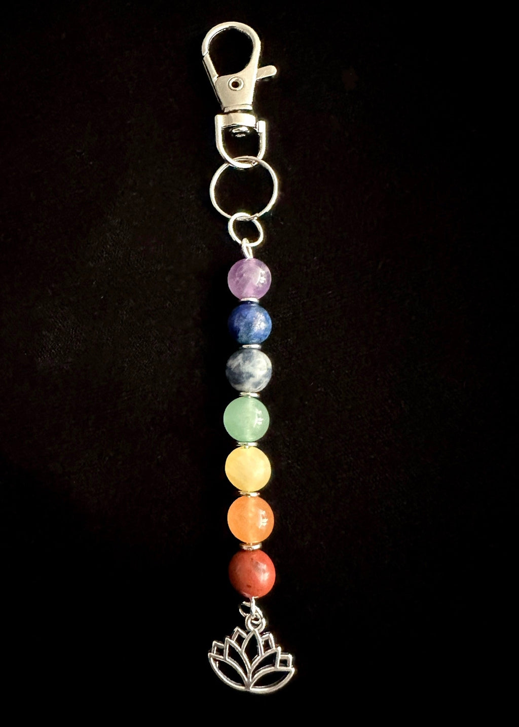 7 Chakra Crystal Gemstone Bag Charm Keychain - Choose Silver Lotus, Moon, Om Charm