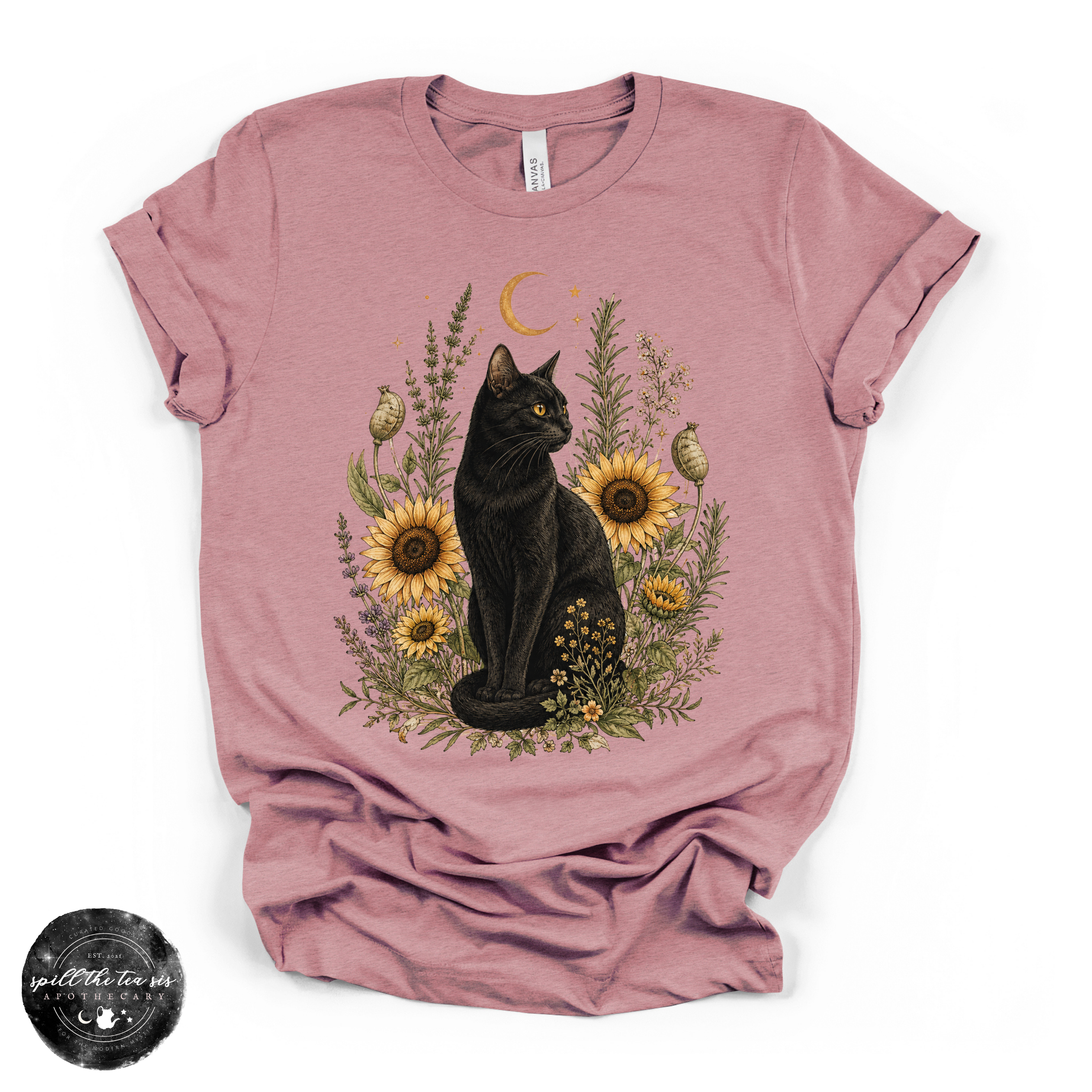 Sunflower Cat Tee | Floral Black Cat Graphic T-Shirt | | Wiccan Center