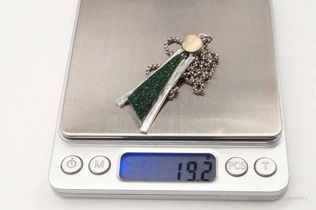 Vintage Moonstone Green Druzy Quartz Modernist Sterling Silver Necklace | Jewelry > Necklaces > Pendants | Wiccan Center