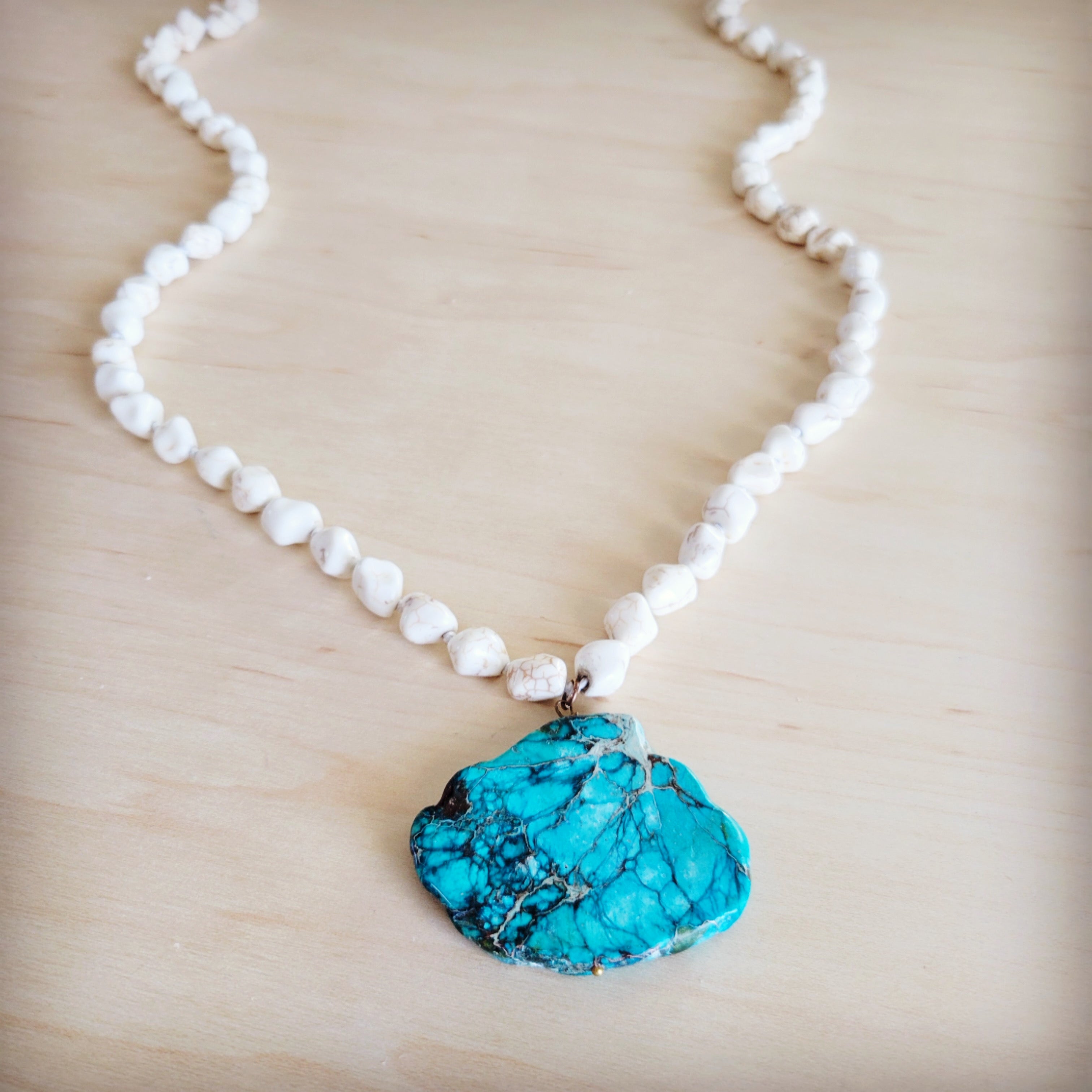 Long White Turquoise Beaded Necklace w/ Genuine Regalite Pendant 263c