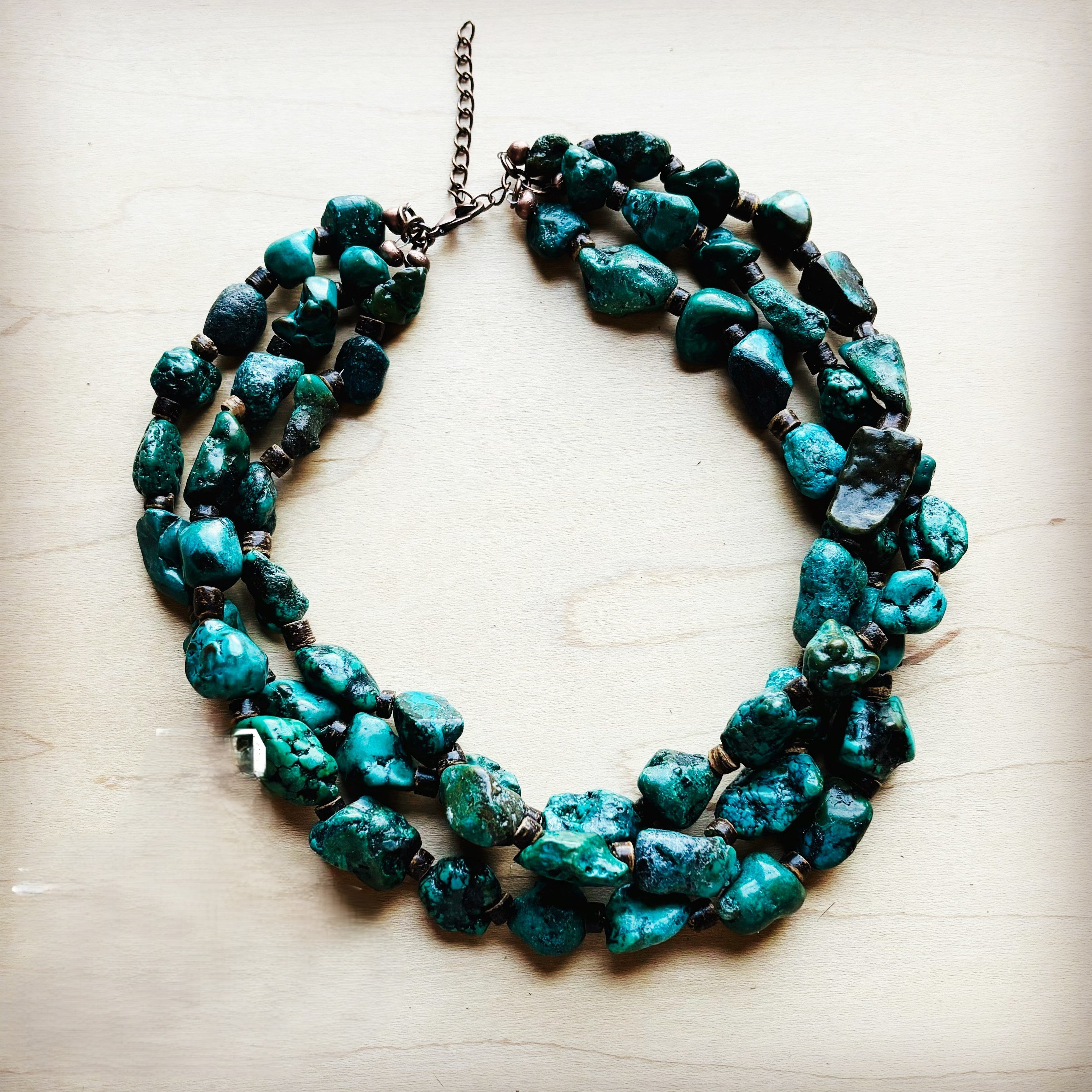 **Large Triple Strand Natural Turquoise & Wood Collar Necklace 252x
