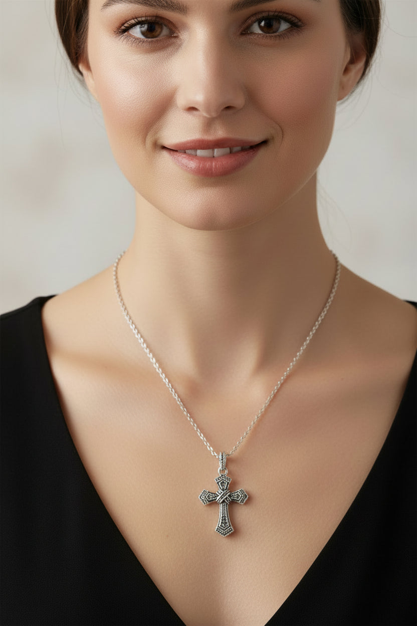 Adain Marcasite Cross Necklace in Sterling Silver