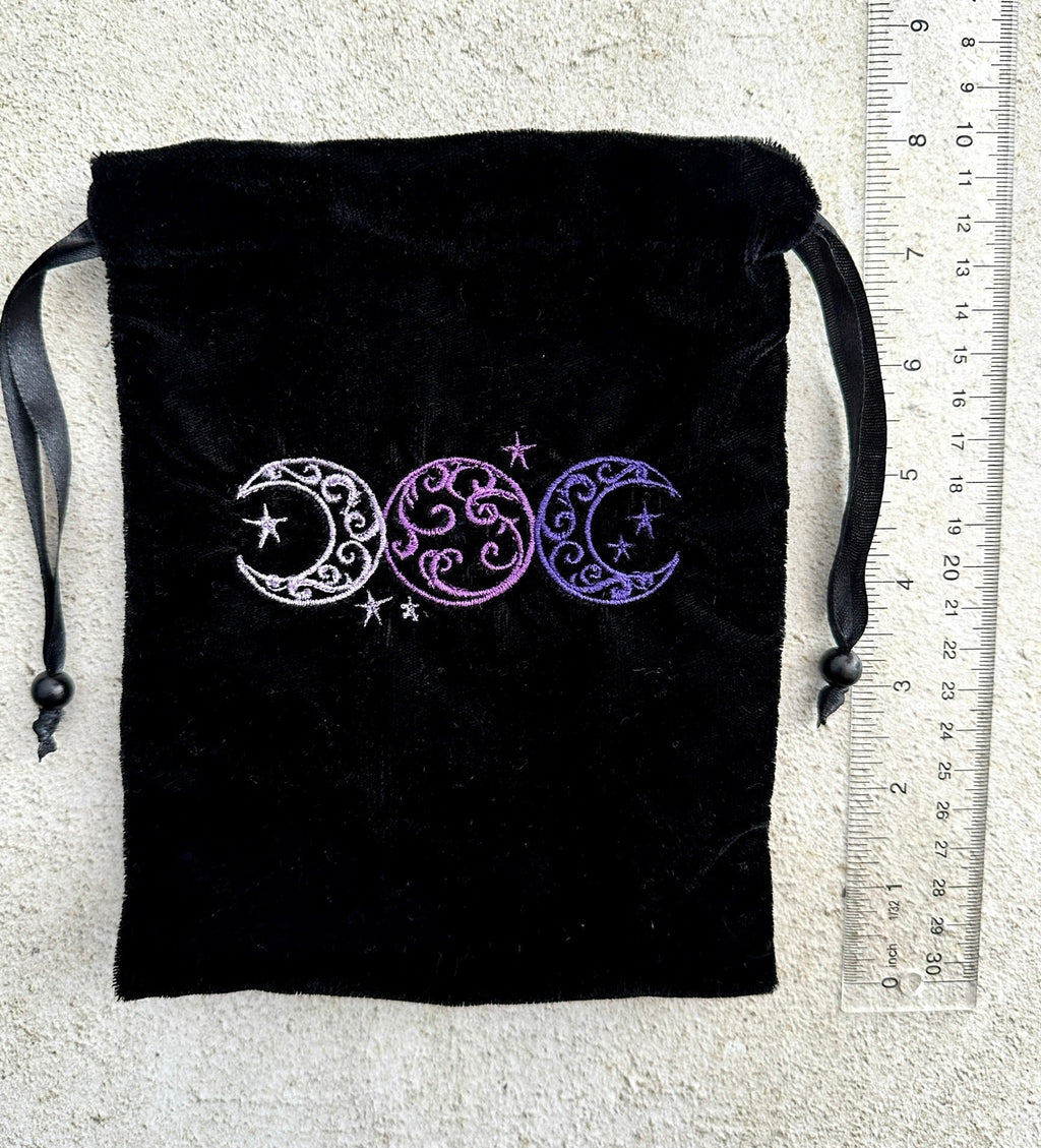 Triple Moon Black Velvet Embroidered Tarot Card Bag With Satin Lining