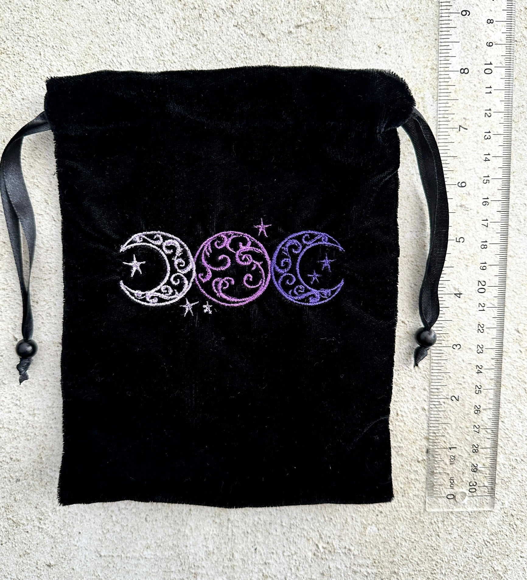 Triple Moon Black Velvet Embroidered Tarot Card Bag With Satin Lining