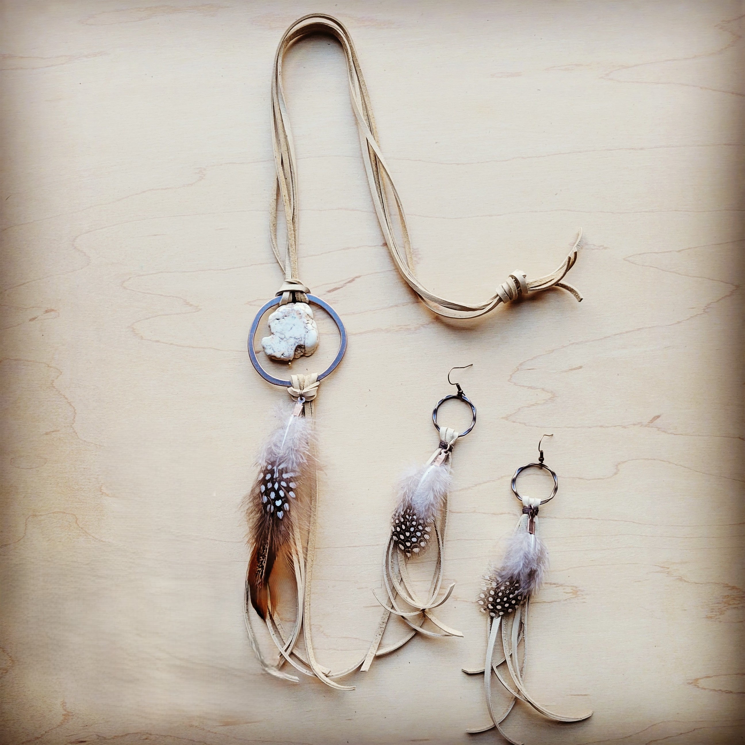 Boho Bone Deer Skin Leather Tassel Earring-Black & White Feather 217d | Earrings | Wiccan Center