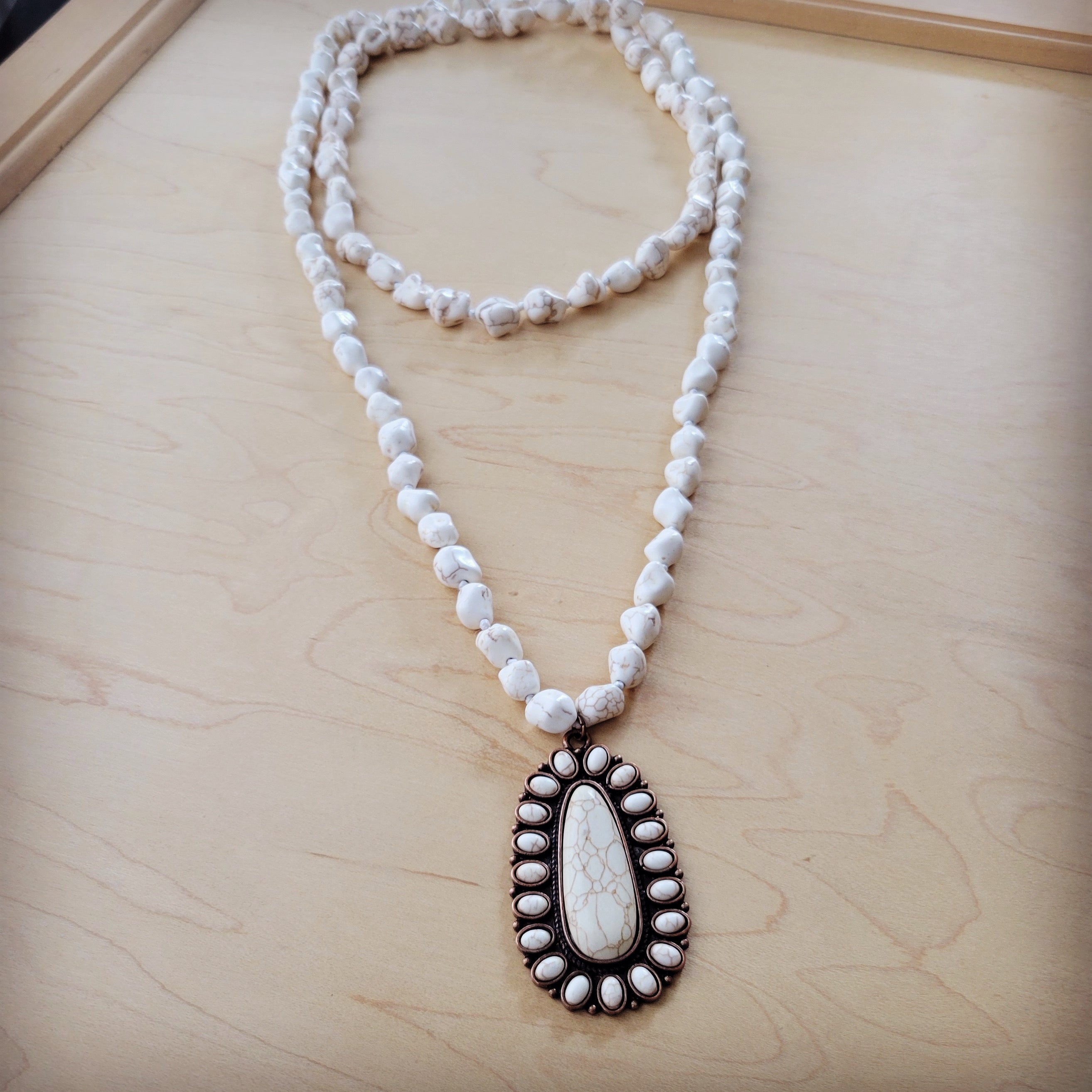 **Long Turquoise Beaded Necklace w/ Squash Blossom Pendant White 261ww