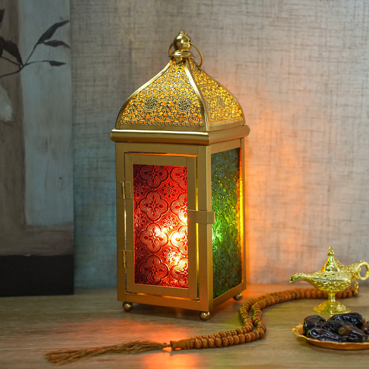 Gold Moroccan Lantern 12" H Battery Operated Decorative Lantern | Candle Holder | Wiccan Center