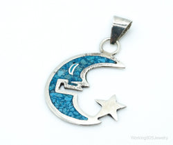 Large Vintage Mexico Turquoise Sterling Silver Moon Necklace Pendant | Jewelry > Necklaces > Pendants | Wiccan Center