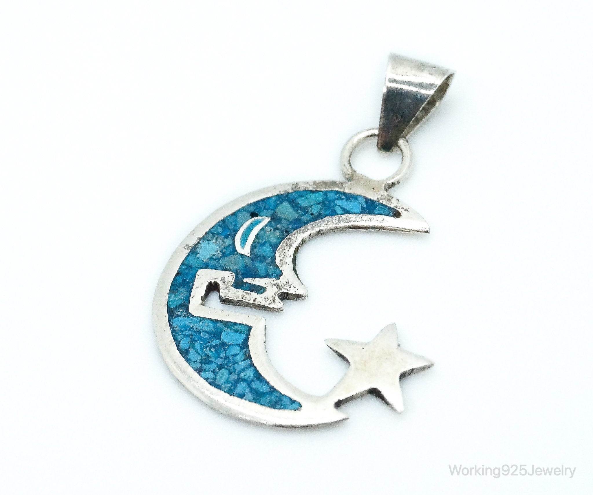 Large Vintage Mexico Turquoise Sterling Silver Moon Necklace Pendant | Jewelry > Necklaces > Pendants | Wiccan Center