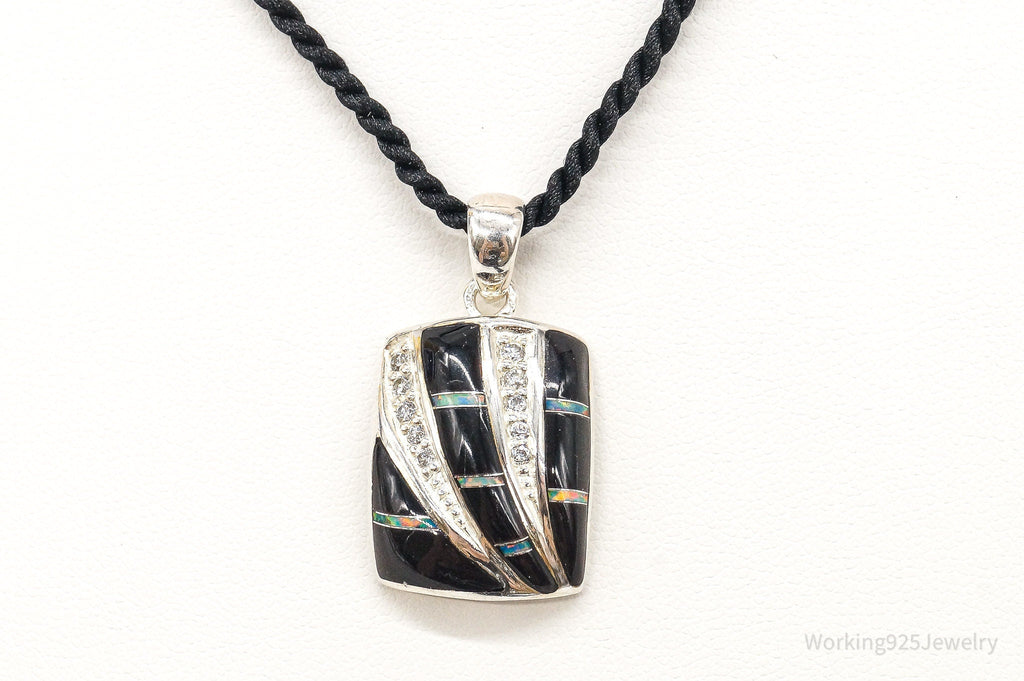 Vintage ROX Opal Cubic Zirconia Black Onyx Sterling Silver Necklace | Jewelry > Necklaces > Pendants | Wiccan Center