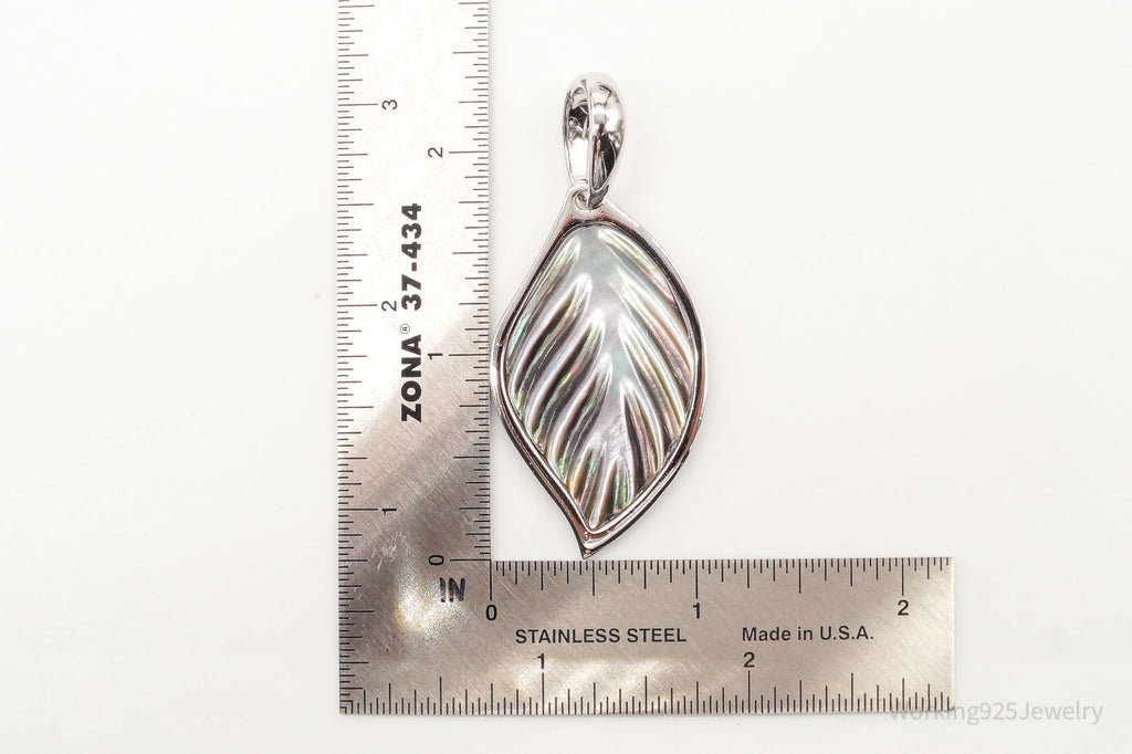 Large Vintage Carved Abalone Shell Sterling Silver Leaf Pendant | Jewelry > Necklaces > Pendants | Wiccan Center