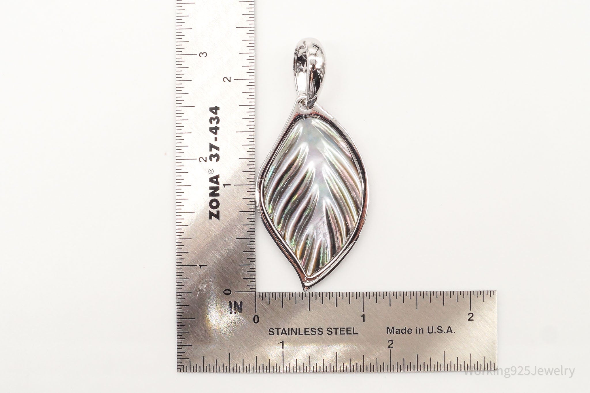 Large Vintage Carved Abalone Shell Sterling Silver Leaf Pendant | Jewelry > Necklaces > Pendants | Wiccan Center