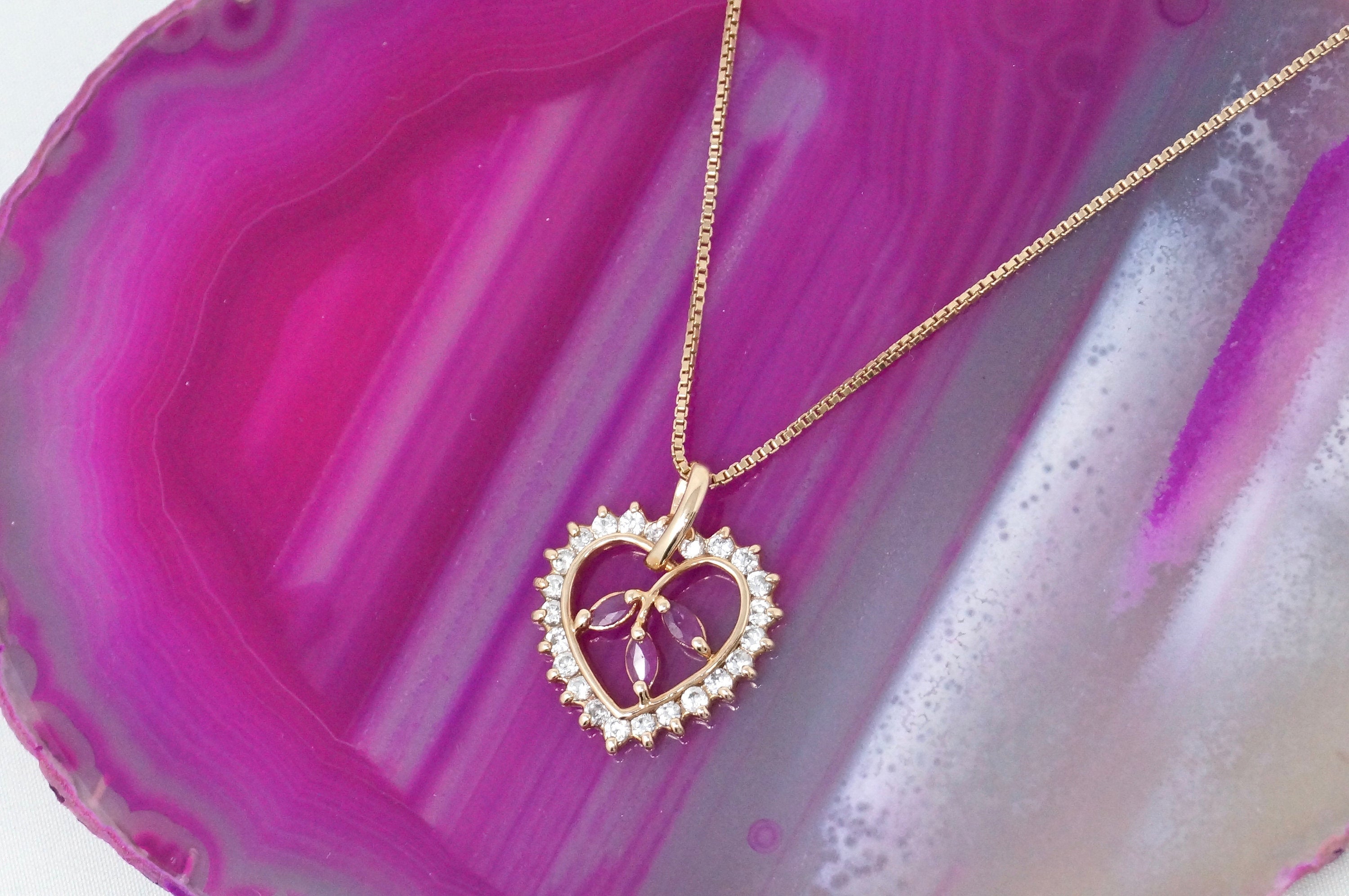 Vtg Ruby Simulated Heart Accented Rose Gold Vermeil Sterling Silver Necklace 18" | Jewelry > Necklaces > Pendants | Wiccan Center