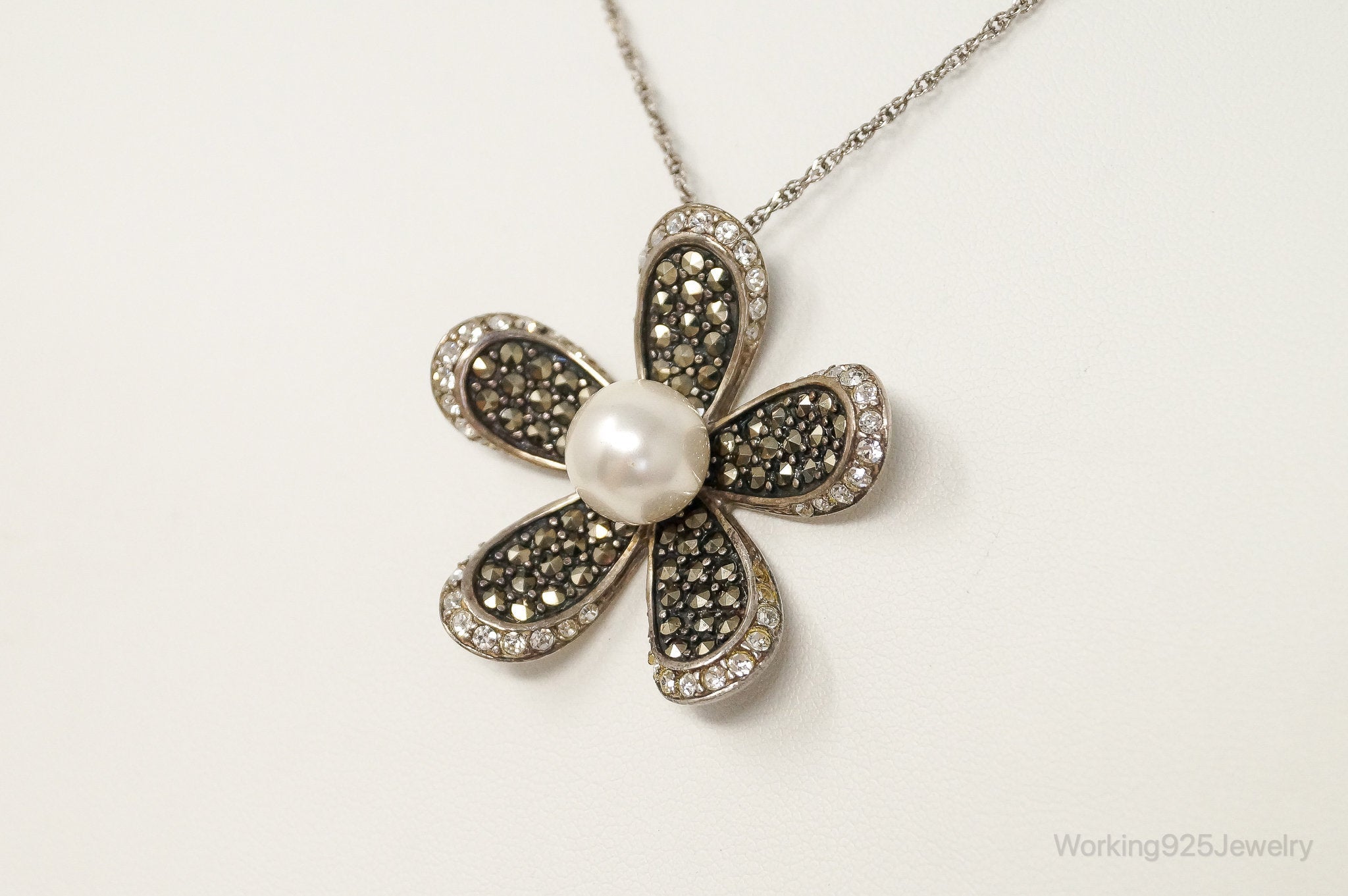 Vintage Designer SLC Pearl CZ Marcasite Sterling Silver Flower Necklace | Jewelry > Necklaces > Pendants | Wiccan Center