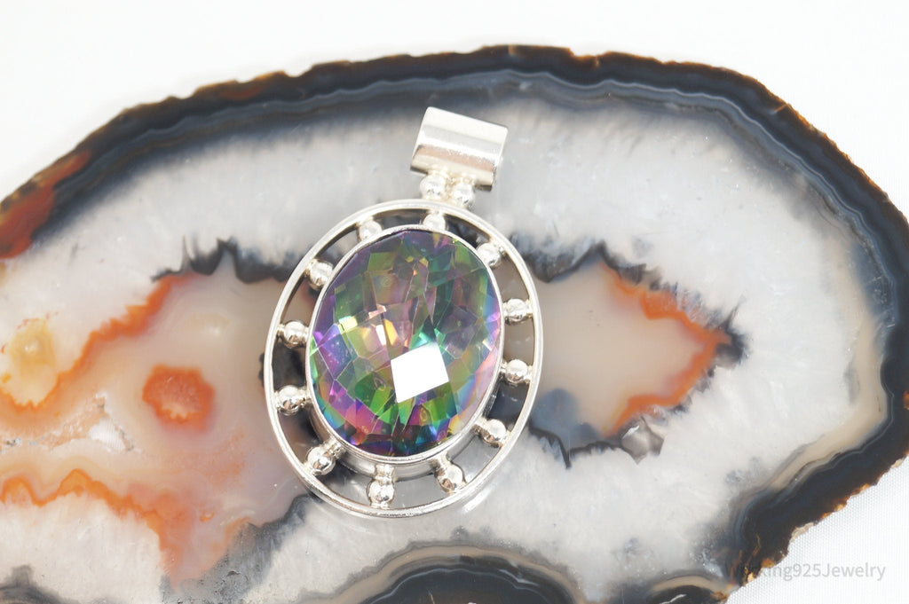 Vintage Large Mystic Topaz Sterling Silver Necklace Pendant | Jewelry > Necklaces > Pendants | Wiccan Center