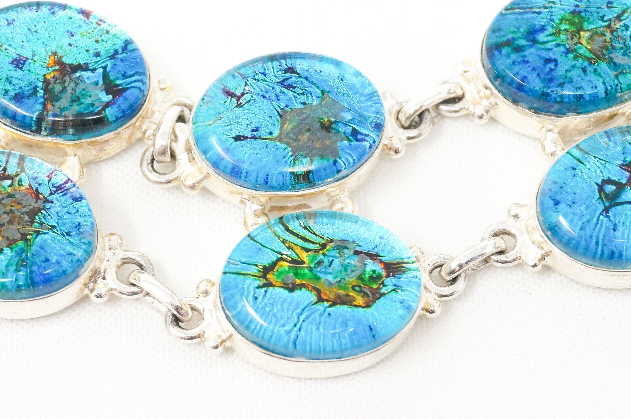 Vintage Large Blue Green Glass Stone Modernist Sterling Silver Cuff Bracelet | Jewelry > Bracelets | Wiccan Center