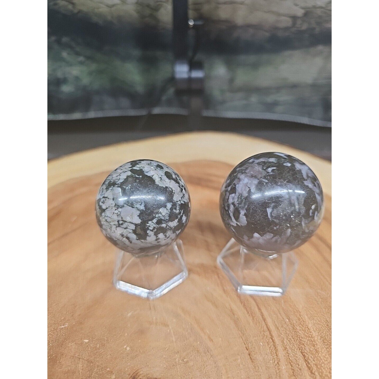 Black Flower of Fog Jasper Quartz Crystal Sphere Pair — 40mm, Madagascar | CrystalCloud Company