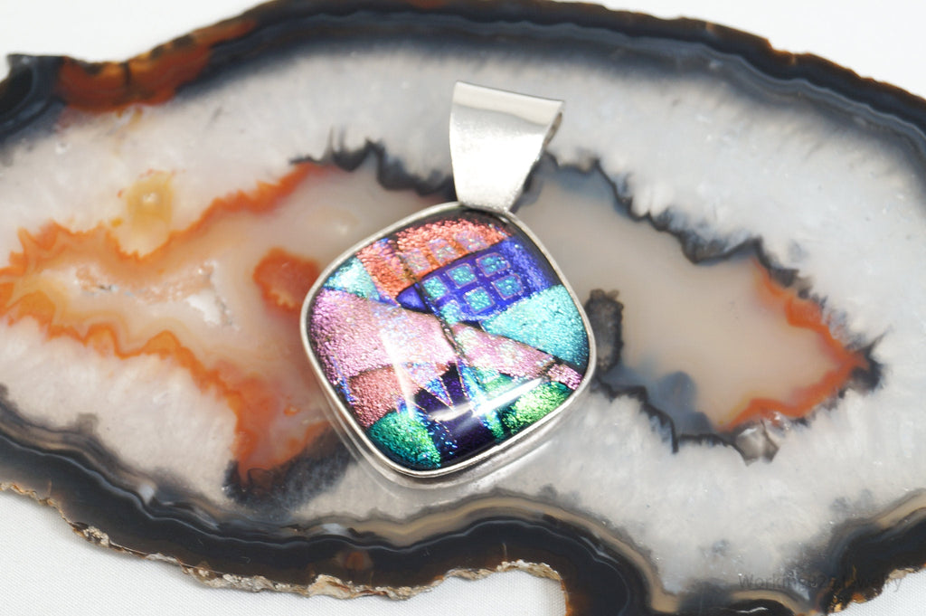 Vintage Large Dichroic Glass Sterling Silver Necklace Pendant | Jewelry > Necklaces > Pendants | Wiccan Center