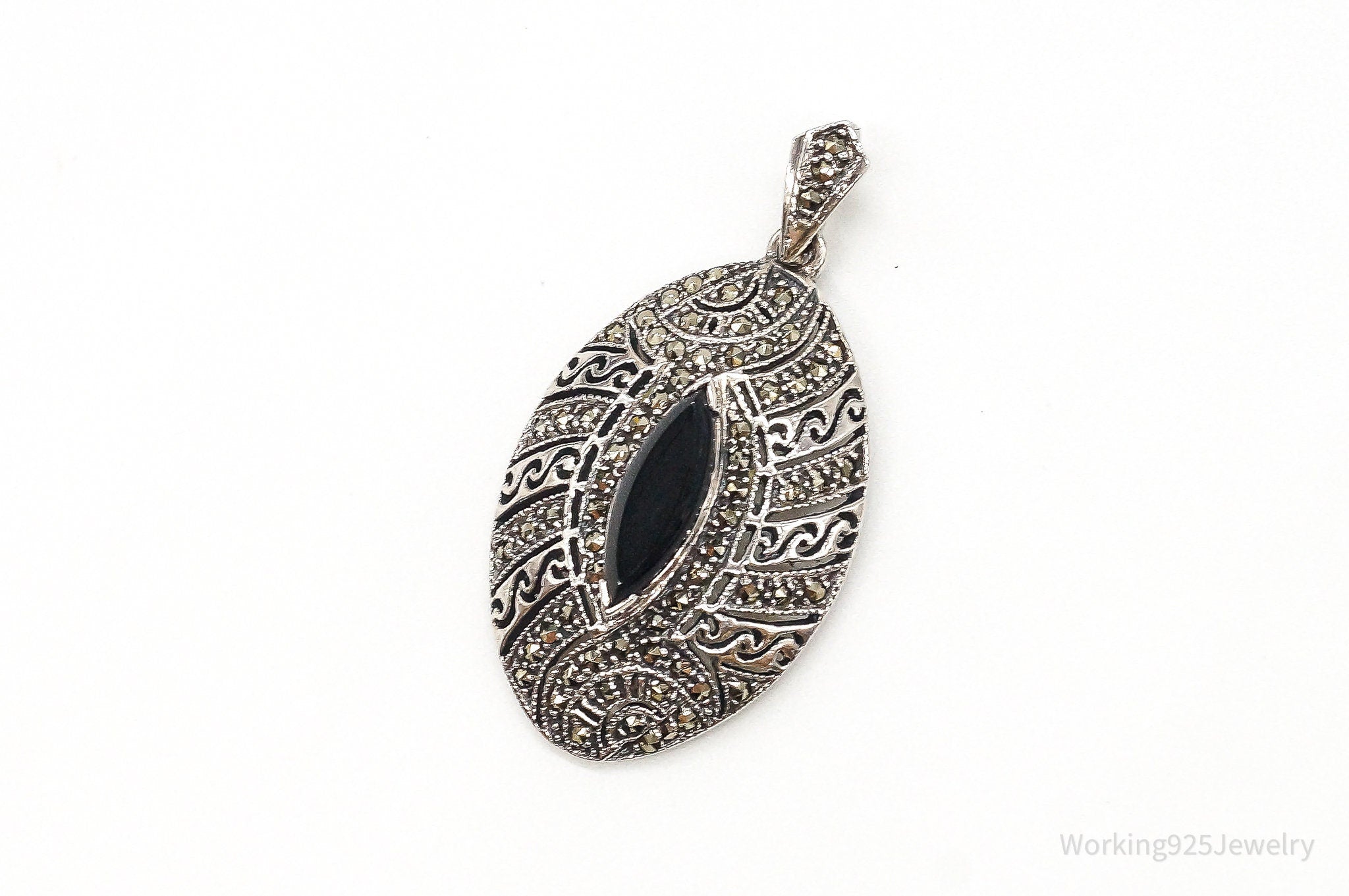 Vintage Large Black Onyx Marcasite Sterling Silver Pendant | Jewelry > Necklaces > Pendants | Wiccan Center
