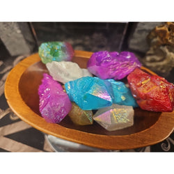 1.29lbsAura Aqua Rainbow Quartz W/wooden Bowl | Geodes & Clusters | Wiccan Center