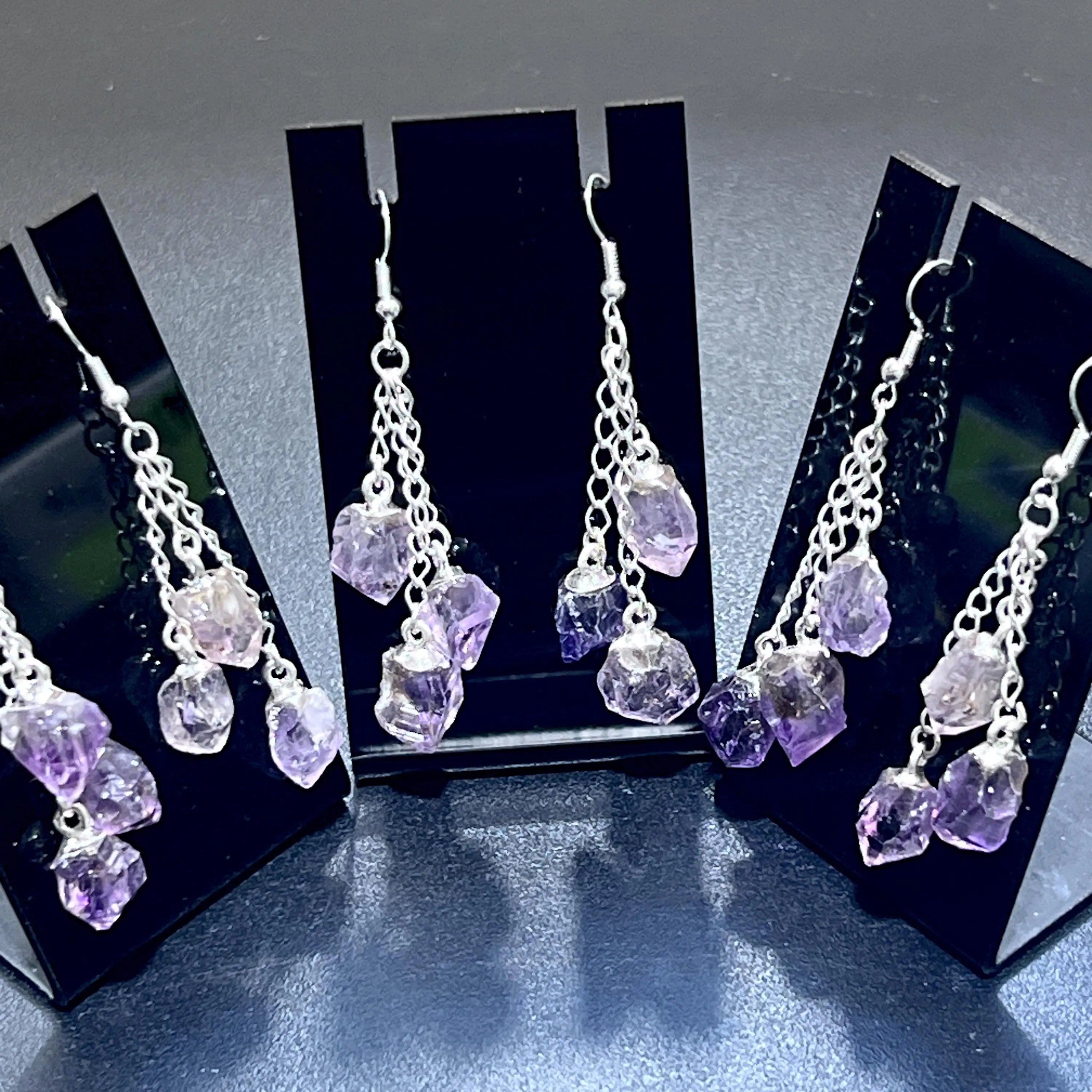 Amethyst Crystal Earrings Pair (Stainless Steel Silver Hooks) Long Dangle Gemstone Jewelry Supply | Jewelry > Earrings > Dangle & Drop Earrings | Wiccan Center