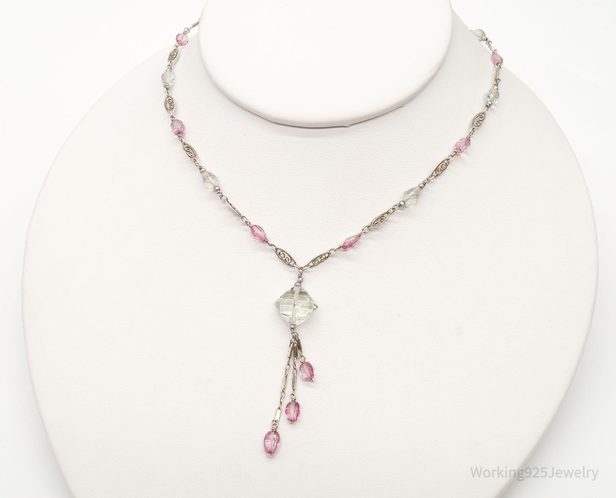 Vintage Prasiolite Pink Topaz Seed Pearls Sterling Silver Necklace | Jewelry > Necklaces > Pendants | Wiccan Center